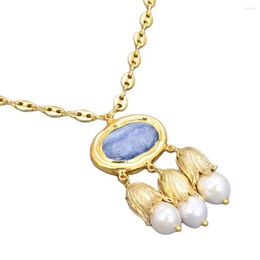 Ketens jk blauwe apatiet edelstenen steen wit keshi edison parel goud vergulde bloemenketen hanger ketting handgemaakt voor vrouwen