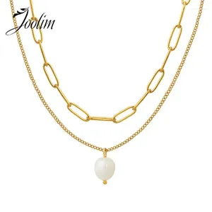 Cadenas Joolim joyería al por mayor clásico elegante doble capa de agua dulce colgante de perlas de acero inoxidable collar de cadena de estrangulamiento para mujeres