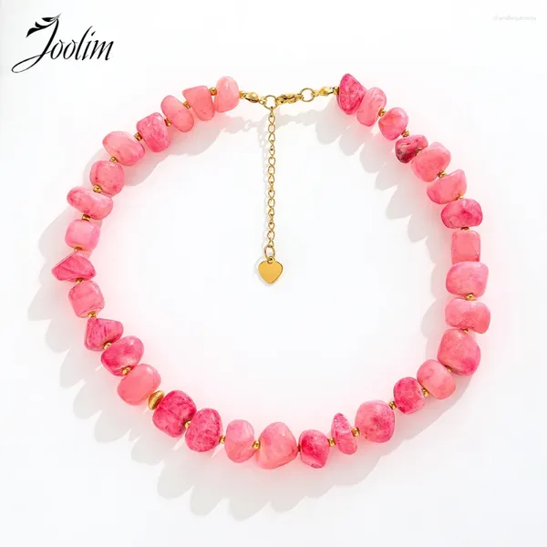 Cadenas Joyas Joolim Al por mayor no Fade Summer Beach Fashion Irregular Romántico Pink Natural Stone Collar de acero inoxidable para mujeres