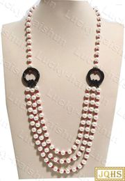 Chaînes JQHS sélectionnables longues 68cm 3 rangées 8mm blanc rond perles de coquille de mer du sud collier de corail rouge fermoir 18KGP C795