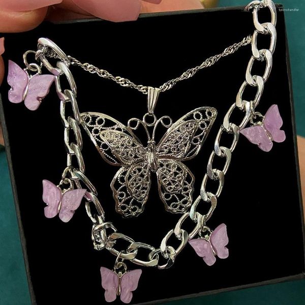 Chaînes Just Feel 2pcs / Set Papillon Acrylique Cubain Chaîne Collier Collier Pour Femmes Argent Couleur Creux Pendentif Bijoux