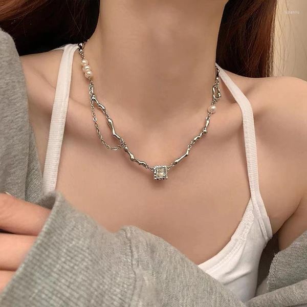 Chaînes JWER Kpop Baroque Perle Zircon Collier Pour Femmes Pendentif Noir Blanc Pierre Ras Du Cou En Acier Inoxydable Bijoux