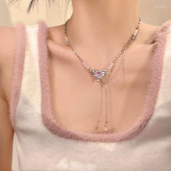 Cadenas de moda de Corea dulce corazón de cristal rosa acrílico con cuentas cadena gargantilla collar para mujer novia regalo de cumpleaños joyería de fiesta