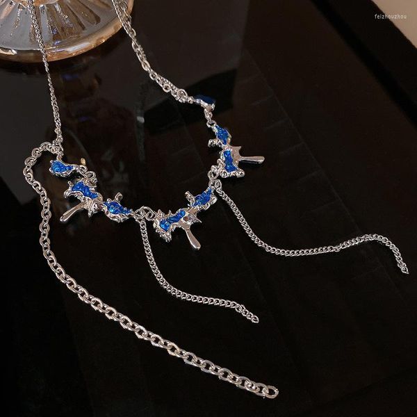 Chaînes Design De Mode Coréenne Bleu Zircon Pendentif Ras Du Cou Clavicule Chaîne Collier Pour Femmes Fille Chandail Esthétique Bijoux Cadeaux