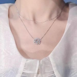 Chaînes Coréenne Ins Simple Creux Plein Diamant Camélia Collier Rose Double Pendentif En Argent Sterling 925 Chaîne De Clavicule Hypoallergénique