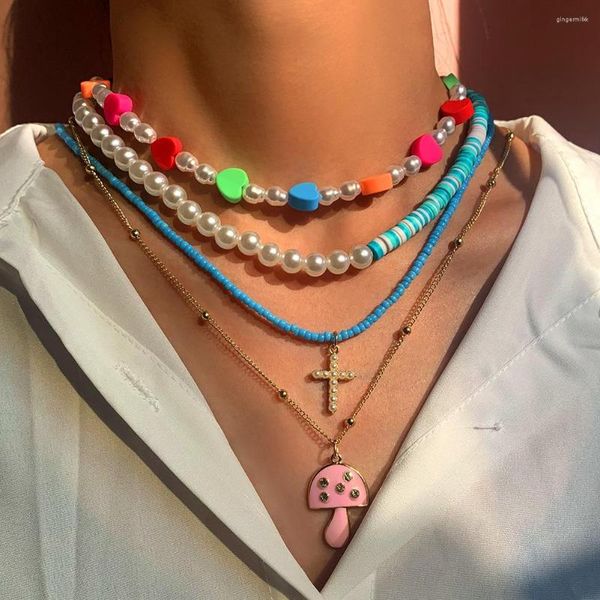 Cadenas coreanas de moda perlas de imitación Cruz collar de cuentas de setas para mujeres Arco Iris corazón acrílico cuentas gargantilla 2023 joyería