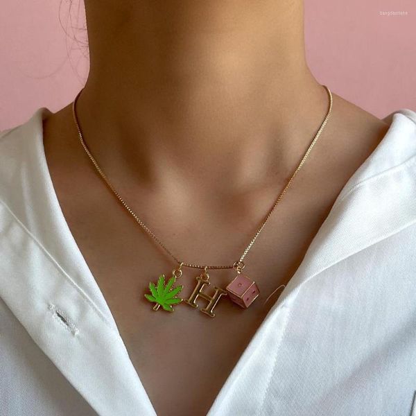 Chaînes Kpop mignon lettre carré dés pendentif collier pour femmes fille créatif Simple vert émail feuille chaîne tour de cou colliers bijoux