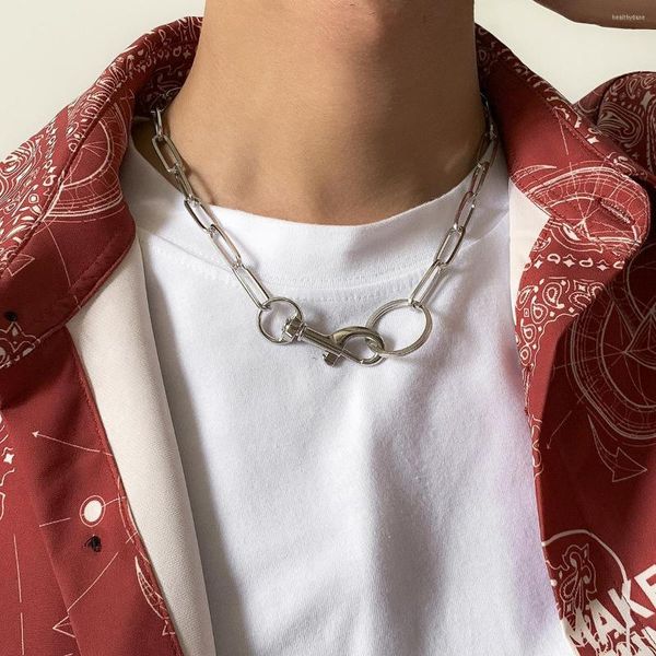 Cadenas KunJoe hombres llavero enlace cadena gargantilla Collar Punk Hip Hop Color plata Metal grueso Collar joyería regalo