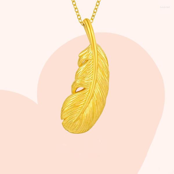 Chaînes LABB pur 24K 999 jaune pendentif collier Simple Mini plume véritable chaîne en or 18K pour les femmes bijoux fins cadeau P192