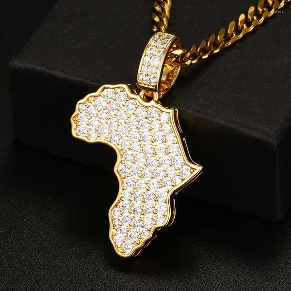 Chaînes dames collier afrique carte pendentif pour hommes Hip Hop bijoux glacé Zircon Bling complet avec des cadeaux de chaîne de Tennis