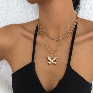 Chaînes Lalynnly Rétro Mignon Double Couche En Métal Papillon Clavicule Chaîne Pendentif Collier Pour Femmes Mode En Gros Bijoux Cadeaux N8891