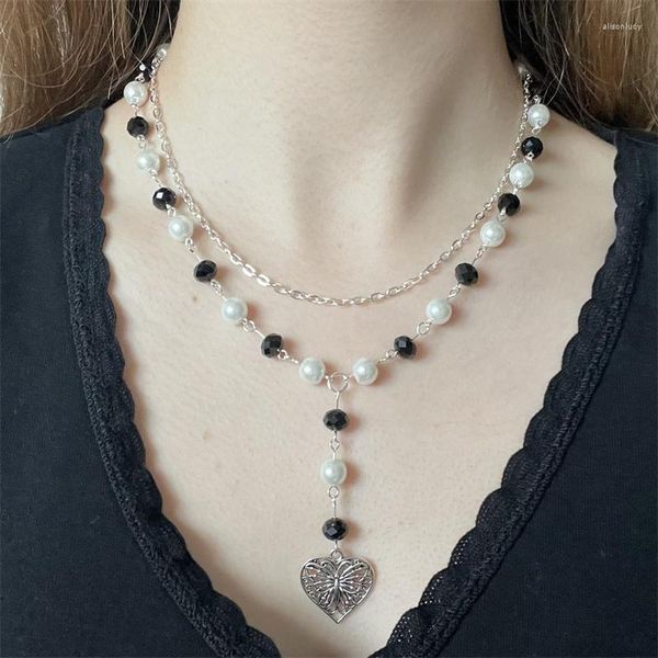 Chaînes en couches noir blanc chapelet fait à la main Y2K papillon Fairycore perlé perle de verre chaîne collier Cottage Core