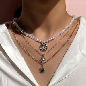 Chaînes en couches couleur or pièce ronde perle collier de perles pour les femmes cristal vert fleur coeur pendentif ensemble fête bijoux cadeau