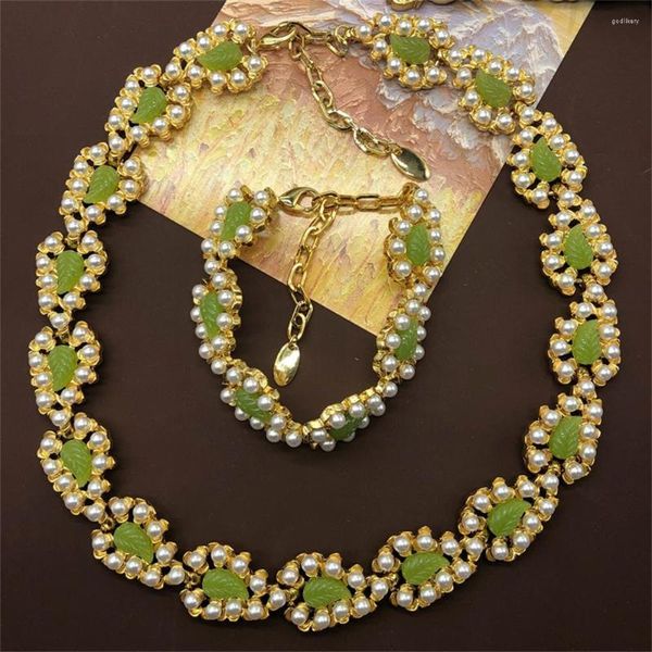 Conjunto de pulsera y collar de perlas de hoja de cadenas, joyería fresca y sencilla para regalo de aniversario de mujer