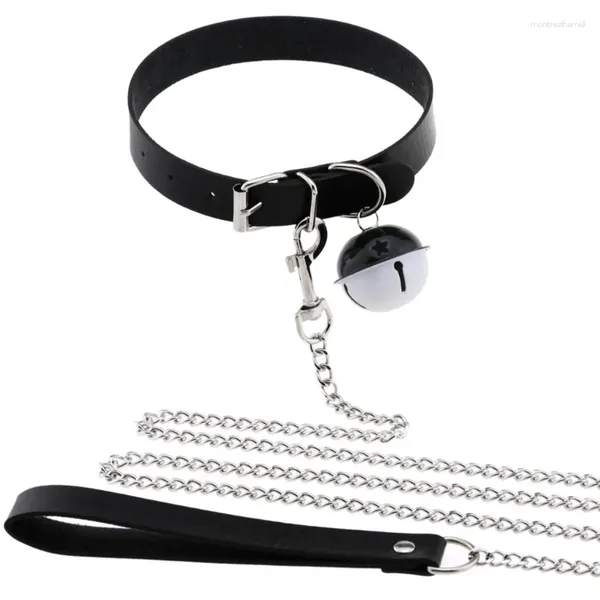 Cadenas Collar de cuero Gótico con cuerda de correa desmontable en cadena