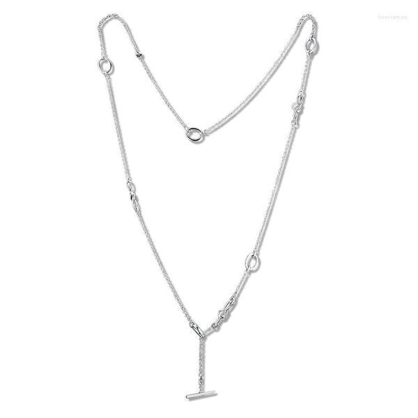 Chaînes Long Collier Pendentif Original 925 Sterling Silver Noué Coeur T-Bar Colliers Pour Femmes Bijoux DIY Cadeau Collares Collier