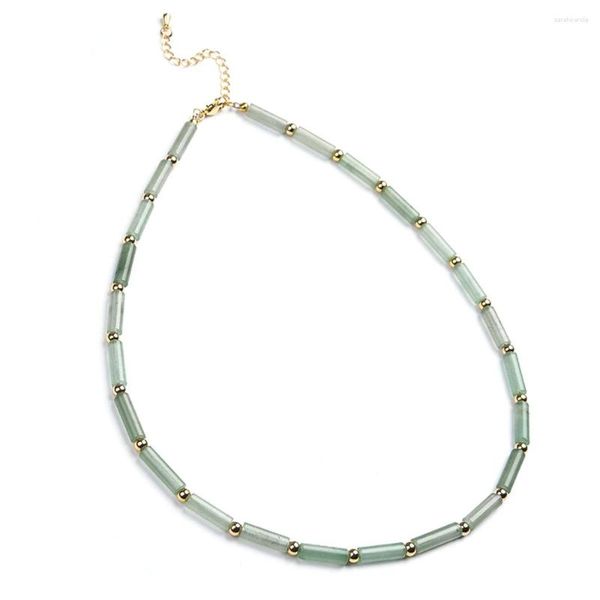 Chaînes Long Tube Forme Vert Aventurine Jaune Jade Impression Jasper Rose Quartz Pierre Naturelle Perle Collier Fait Main