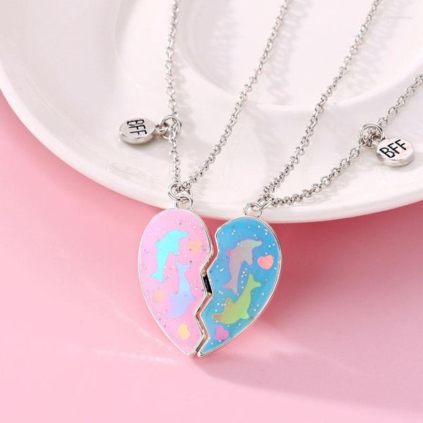 Chaînes Lovecryst 2pcs / set rose bleu couture coeur brisé collier amis enfants dauphins aimant amour