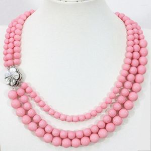 Chaînes Belle rose ronde corail artificiel 8-12mm perles 3 rangées collier naturel ormeau fleur fermoir femmes bijoux 16-21 pouces B1418