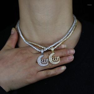 Ketens gelukkige islamitische moslims patroon maan ketting bestrijden zirkoon 3 mm tennisketen charme hanger sieraden voor vrouwen hiphop