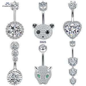 Chaînes de luxe 925 Sterling Silver Belly Piercing Argent 925 Cristal Coeur Nombril Piercing Bijoux Panda Nombril Anneaux 6/8 / 10mm Bar