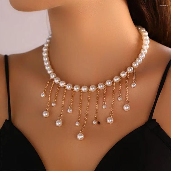 Cadenas de lujo elegante diseño collar colgante cadena chapado en oro con estilo moderno borla de perlas para mujeres niña joyería regalos
