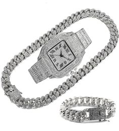 Kettingen Luxe Iced Chain for Men Women Women Hiphop Miami Bling Cuban Big Gold Necklace Watch Bracelet Rhinestone Jewelrychains9802729