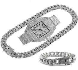 Kettingen Luxe Iced Chain for Men Women Women Hiphop Miami Bling Cuban Big Gold Necklace Watch Bracelet Rhinestone Jewelrychains9784210