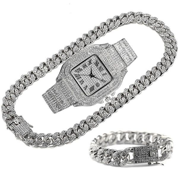 Cadenas de lujo Iced Out Chain para hombres mujeres HipHop Miami Bling Cuban Big Gold collar reloj pulsera Rhinestone JewelryChains