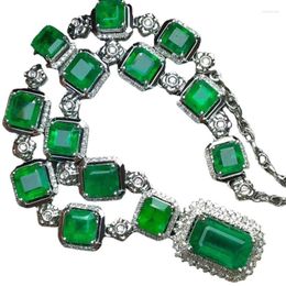 Conjunto de collar con colgante de esmeralda de Zambia natural de imitación cuadrada larga de lujo de cadenas