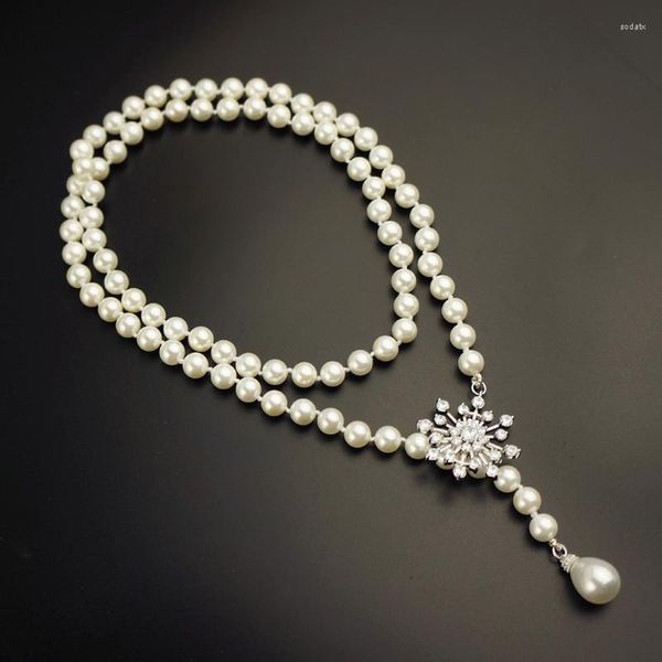 Cadenas de lujo perla blanca simulada collar largo forma de copo de nieve Zirconia cúbica suéter abrigo cadena mujer joyería para fiesta de boda