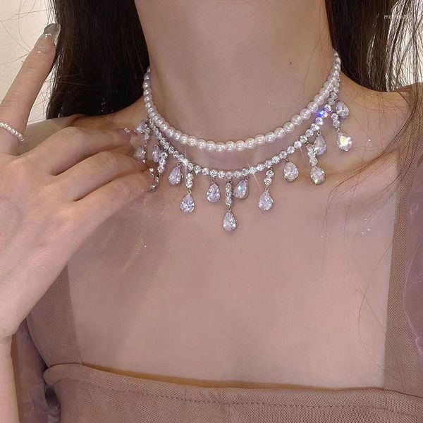 Chaînes De Luxe Zircon Goutte D'eau Perle Collier Pour Femmes Étoile De Bal Bijoux De Mode Dernière Dame Match Recommandé
