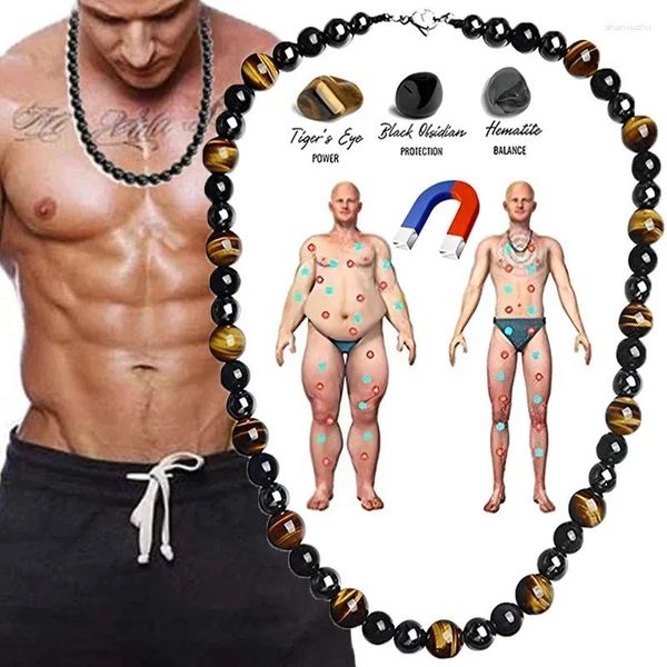 Chaînes Collier d'hématite magnétique Hommes Black Gallstone Pierre Perle Couple Colliers pour femmes Soins de santé Aimant Aide Perte de poids Bijoux