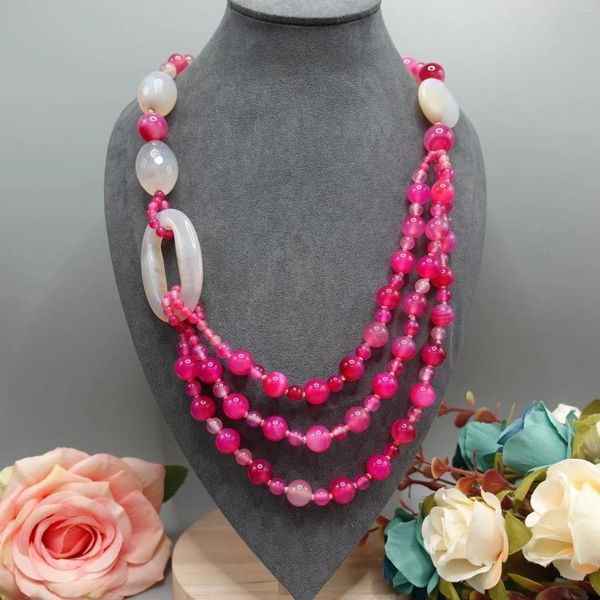 Chaînes Médiévale Vintage Naturel Agate Collier Multicouche Exagéré Rose Rouge Trois Couches Art Jade