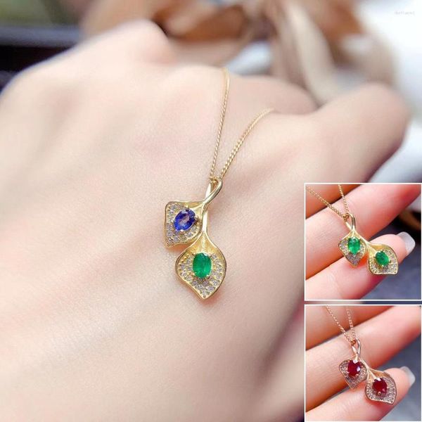 Chaines Meibapj 3 mm 4 mm Natural Emerald Sapphire Fashion Leaf Pendant Collier 925 Pure Silver Fine Wedding Bijoux pour les femmes