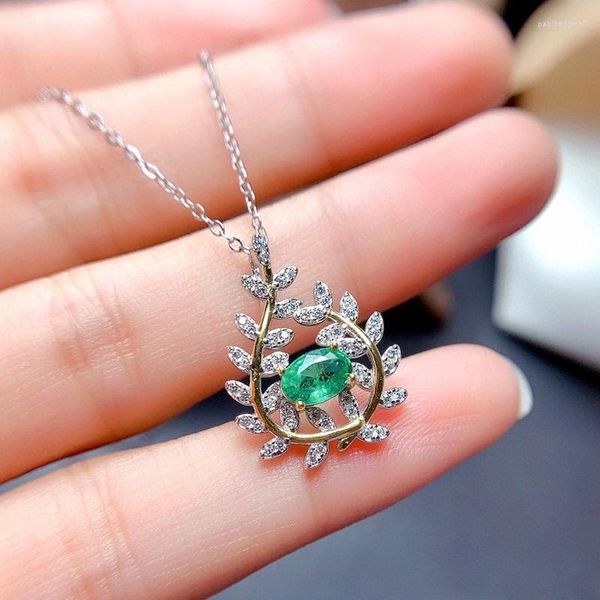 Cadenas Meibapj Natural esmeralda Gemstone Olive Branch Collar Colgante Real 925 Pure Silver Green Stone Fine Wedding Welyry for Women