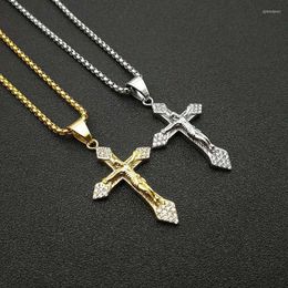 Chaînes Mode Hommes Titanium Acier Plaqué Or Strass Jésus Croix Pendentif Collier Religion Catholique Bijoux