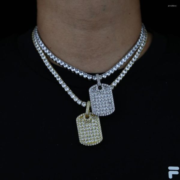 Cadenas Colgante para hombre Lleno de diamantes de imitación Color dorado Encanto Cuadrado Etiqueta de perro Collar con cadena cubana Joyería de hip hop