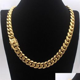 Chaînes Hommes Cubain Chaîne Collier Bijoux En Acier Inoxydable Haute Poli Hip Hop Curb Link Double Fermoirs De Sécurité 18K Estampillé 14mm De234r