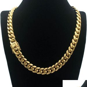 Chaînes Hommes Cubain Chaîne Collier Bijoux En Acier Inoxydable Haute Poli Hip Hop Curb Link Double Fermoirs De Sécurité 18K Estampillé 14mm De 18i Dhyi0