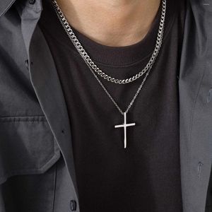 Kettingen Mannen Dubbel Gelaagde Ketting Kruis Charme Hanger Ketting Roestvrij Staal Stapelen Set Choker Kraag Geschenken Aan Hem