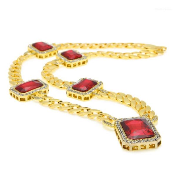 Chaînes Men'Miami Cuban Link Collier Or Argent Couleur 5pcs Carré Rouge Gem Cristal 30 