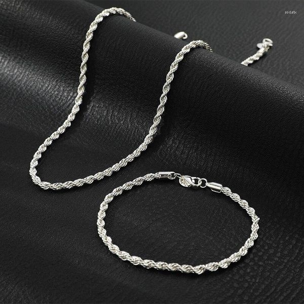 Cadenas para hombres y mujeres, estilo hip hop simple, collar plateado de dos piezas, pulsera, cuerda trenzada de 4 mm, cadena de hierro con langosta de cobre