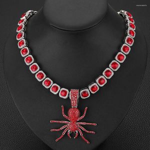 Chaînes Hommes Femmes 12mm Hiphop Carré Rouge Cristal Chaîne De Tennis Glacé Mode Argent Couleur Araignée Pendentif Collier Collier Bijoux Cadeaux