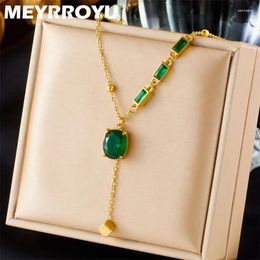 Chaînes Meyrroyu 316 en acier inoxydable couleur or cube pendentif collier pour femmes pierre verte vintage luxe fête bijoux cadeau
