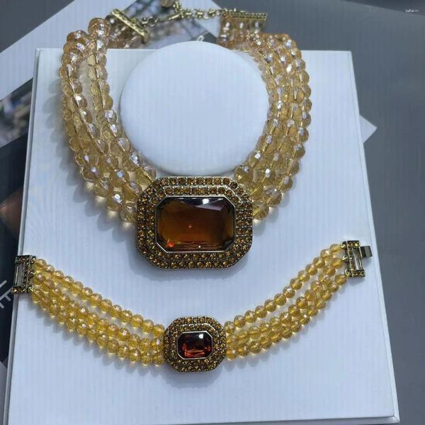 Chaînes Moyen Vintage Cristal Diamant Pendentif Collier Européen Et Américain Style Rétro Carré Multi-chaîne Bracelet