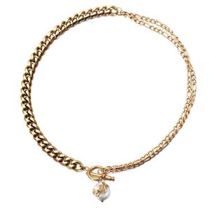 Kettingen Minamama Nieuw roestvrij staal Ot Toggle Clasp Dikke Link Chain Barok Pearl Pendant Kettingen voor vrouwen Choker Collar -sieraden D240509