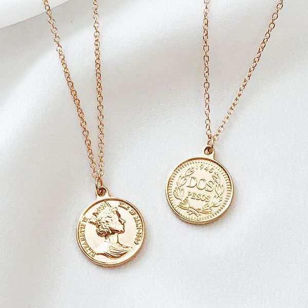 Chaînes ModaOne Vintage Portrait Coin Gold Couleur À La Main Clavicule Chaîne Collier Pour Femmes Filles Coréen Simple Dainty Bijoux Cadeaux