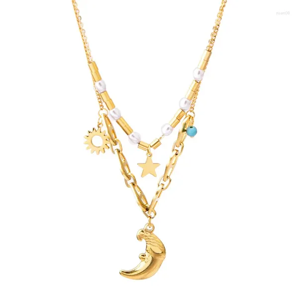 Cadenas Luna Clavícula Cadena Perla Estrella Doble Colgante Patrón tridimensional Titanio Acero Locket Exquisito para esposa Mamá Gir