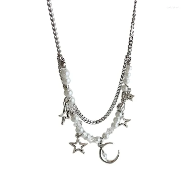 Chaînes Moon Star Collier avec perles d'imitation Charme Y2K Chaîne de cou de mode Style polyvalent Chaîne de cou Tendance Claviculaire